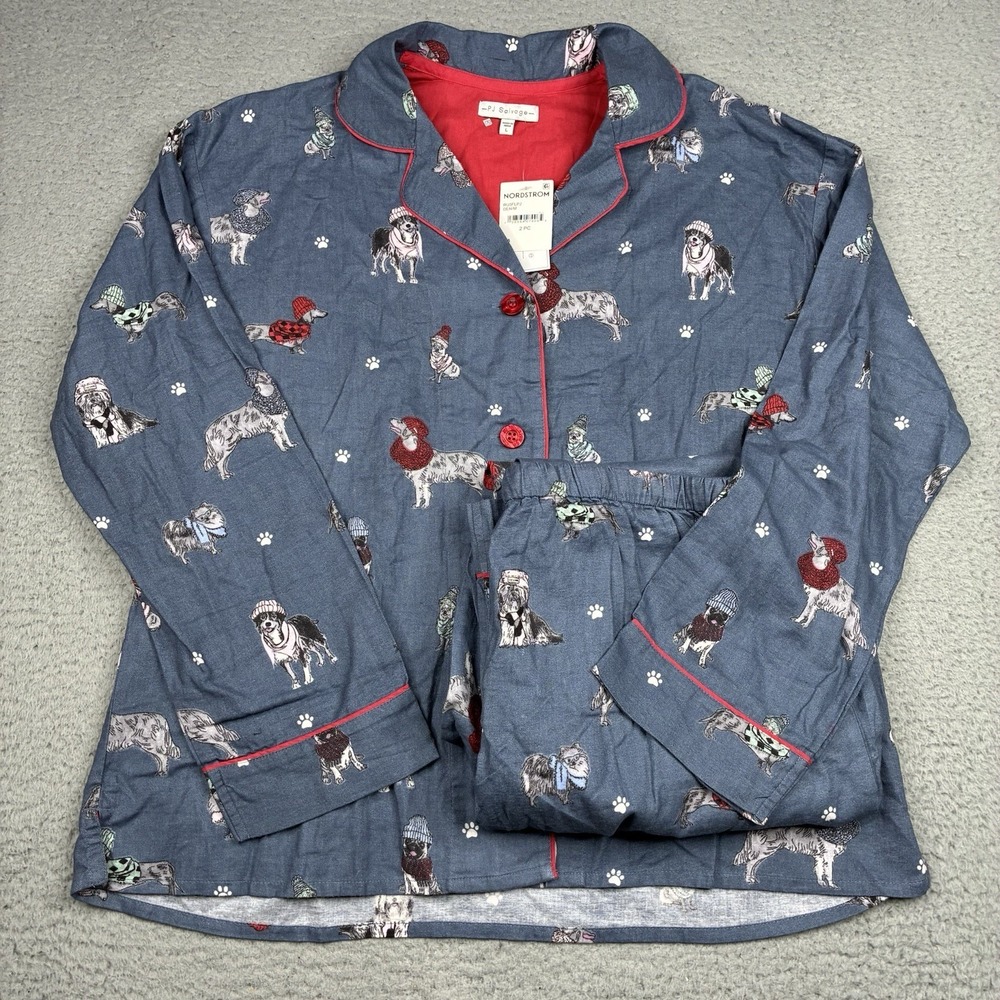 PJ Salvage Dog Print Pajama Set Women's Large Blue Button Front NWT